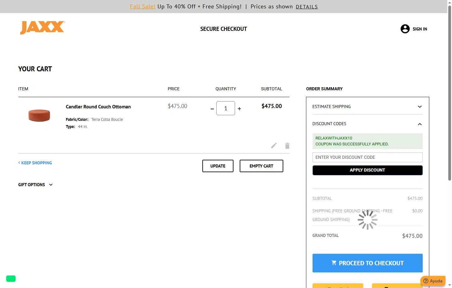 Jaxx checkout page showing Jaxx discount code box | Screenshot taken by SimplyCodes community member on Sep 26, 2025