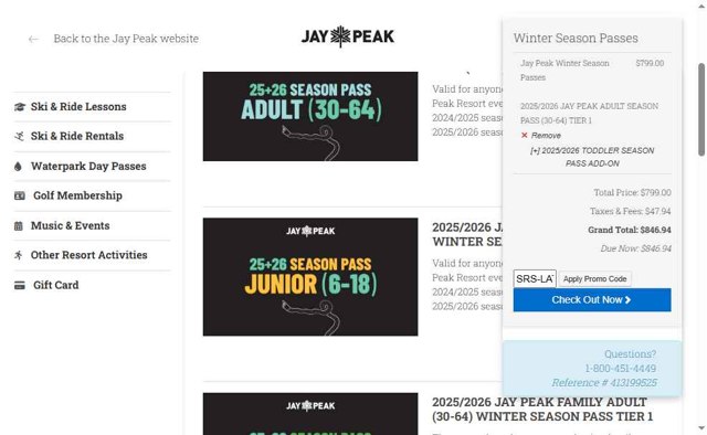 Jay Peak checkout page showing Jay Peak promo code box | Screenshot taken by SimplyCodes community member on Apr 24, 2025
