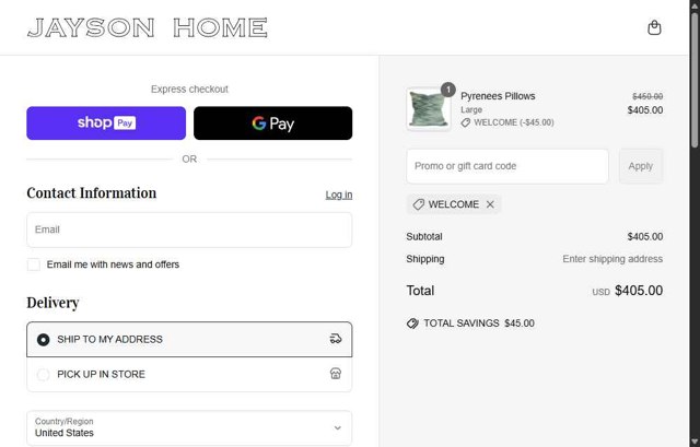 Jayson Home checkout page showing Jayson Home promo code box | Screenshot taken by SimplyCodes community member on Jun 27, 2025