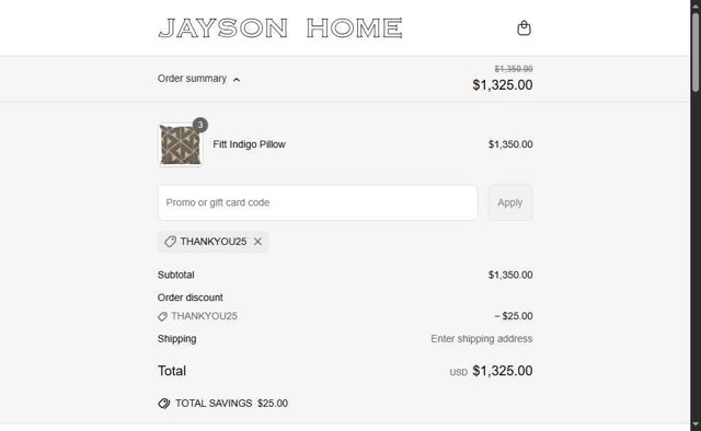 Jayson Home checkout page showing Jayson Home promo code box | Screenshot taken by SimplyCodes community member on Jun 20, 2025