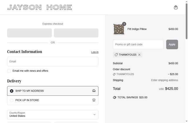 Jayson Home checkout page showing Jayson Home promo code box | Screenshot taken by SimplyCodes community member on Jun 17, 2025