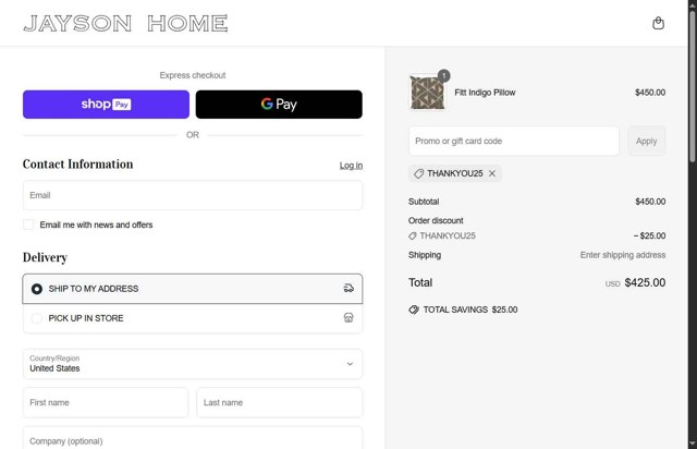 Jayson Home checkout page showing Jayson Home promo code box | Screenshot taken by SimplyCodes community member on Jun 20, 2025