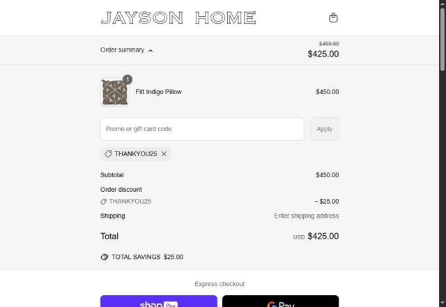 Jayson Home checkout page showing Jayson Home promo code box | Screenshot taken by SimplyCodes community member on Jun 20, 2025