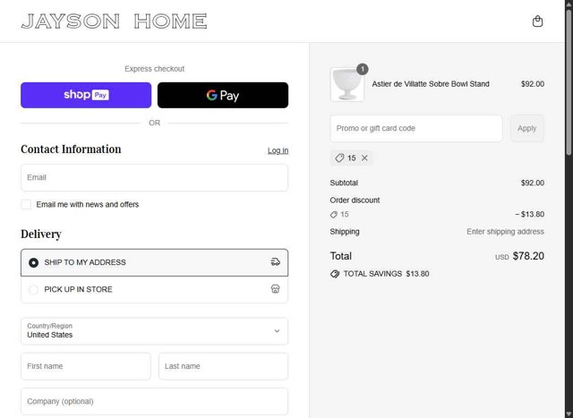 Jayson Home checkout page showing Jayson Home promo code box | Screenshot taken by SimplyCodes community member on Aug 9, 2025
