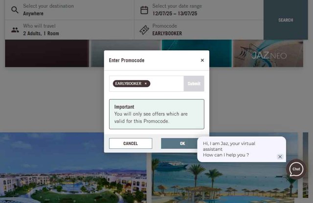 Jaz Hotel Group checkout page showing Jaz Hotel Group promo code box | Screenshot taken by SimplyCodes community member on Jul 9, 2025