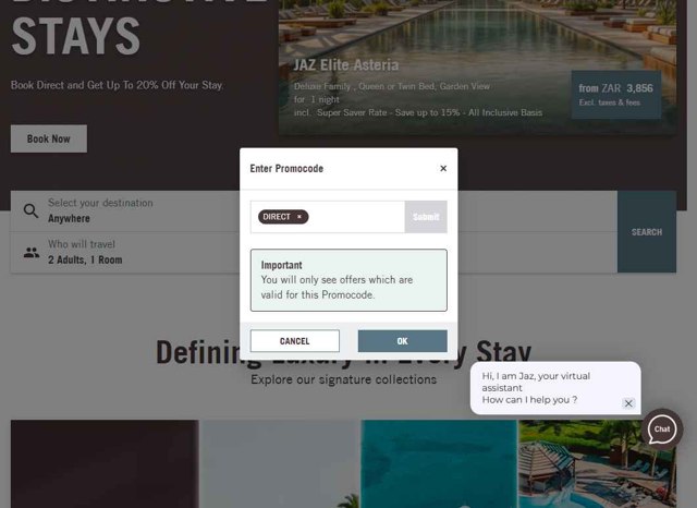 Jaz Hotel Group checkout page showing Jaz Hotel Group promo code box | Screenshot taken by SimplyCodes community member on Jul 14, 2025
