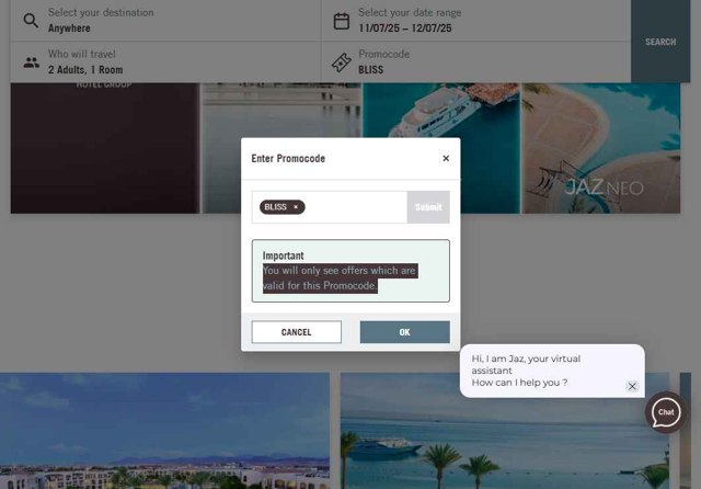 Jaz Hotel Group checkout page showing Jaz Hotel Group promo code box | Screenshot taken by SimplyCodes community member on Jul 8, 2025