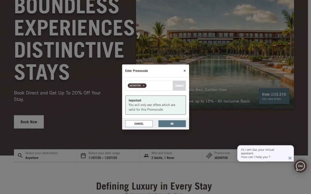 Jaz Hotel Group checkout page showing Jaz Hotel Group promo code box | Screenshot taken by SimplyCodes community member on Jul 8, 2025