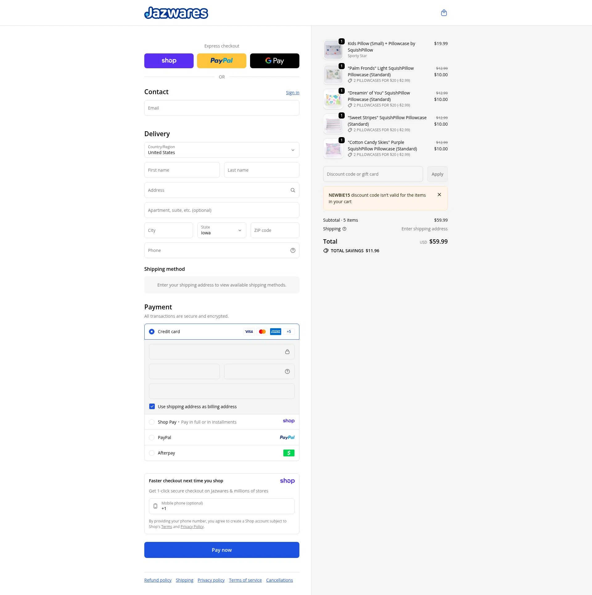 Jazwares checkout page showing Jazwares discount code box | Screenshot taken by SimplyCodes community member on Jan 15, 2026