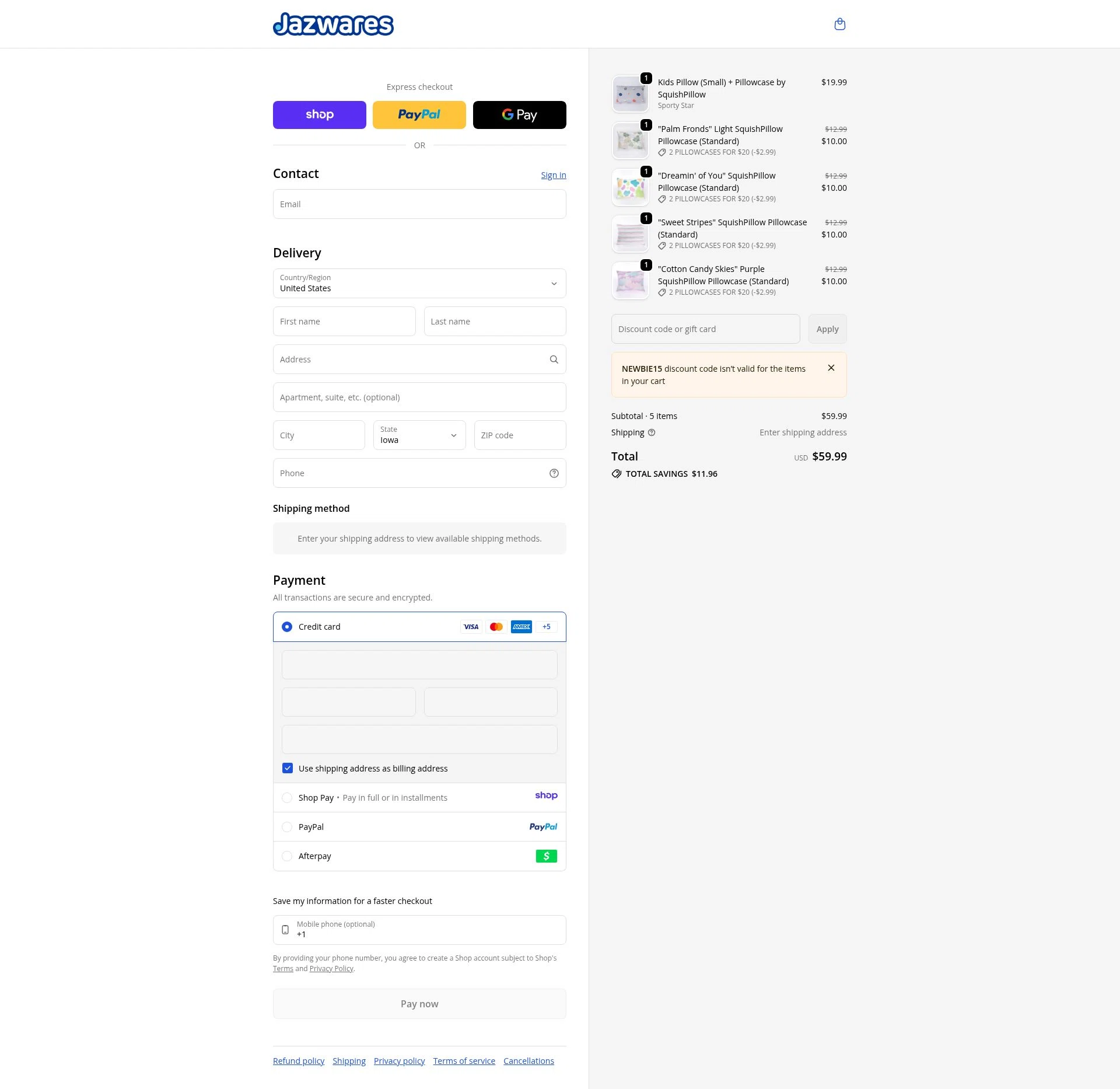 Jazwares checkout page showing Jazwares discount code box | Screenshot taken by SimplyCodes community member on Jan 20, 2026