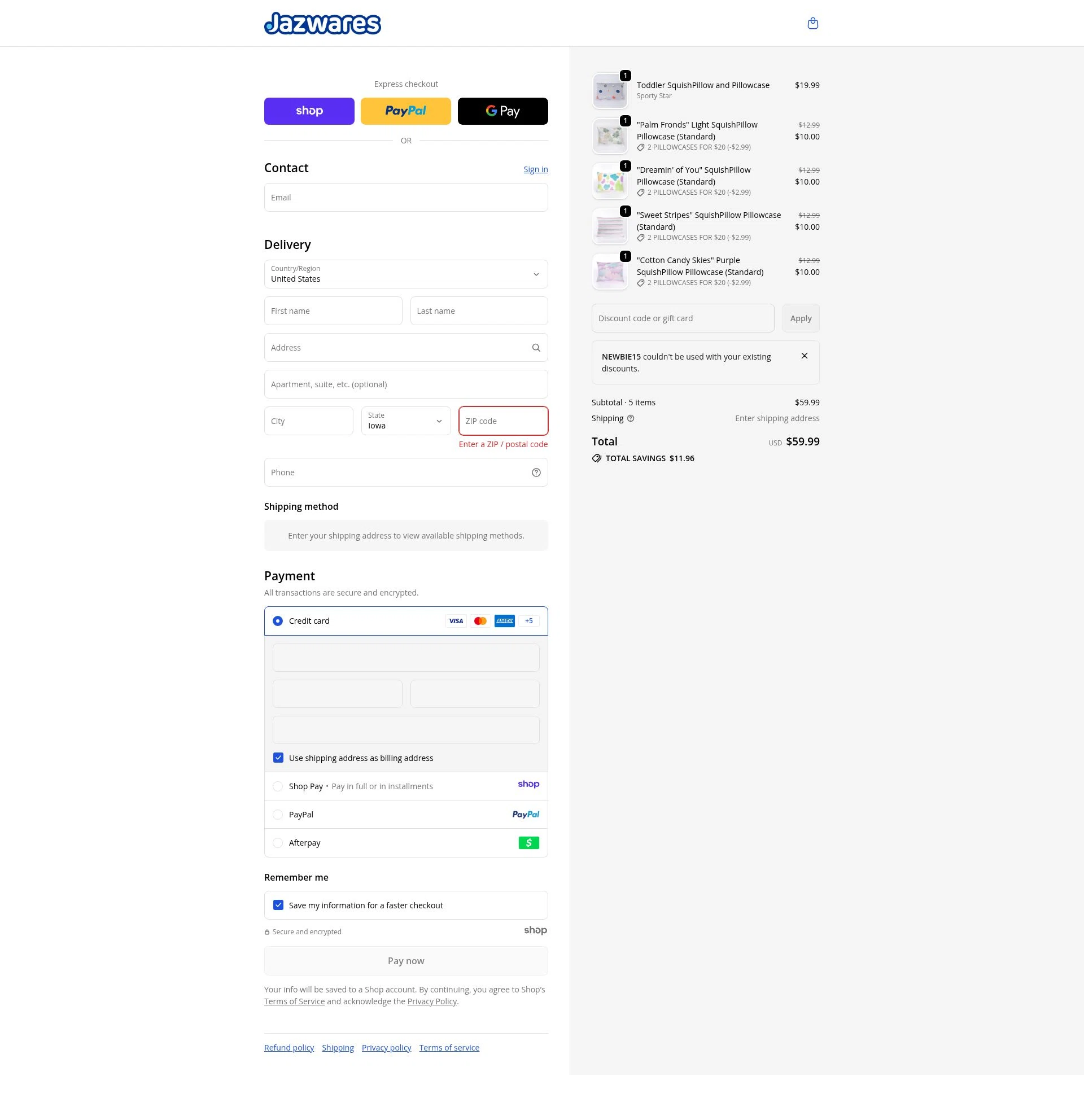 Jazwares checkout page showing Jazwares discount code box | Screenshot taken by SimplyCodes community member on Jan 5, 2026