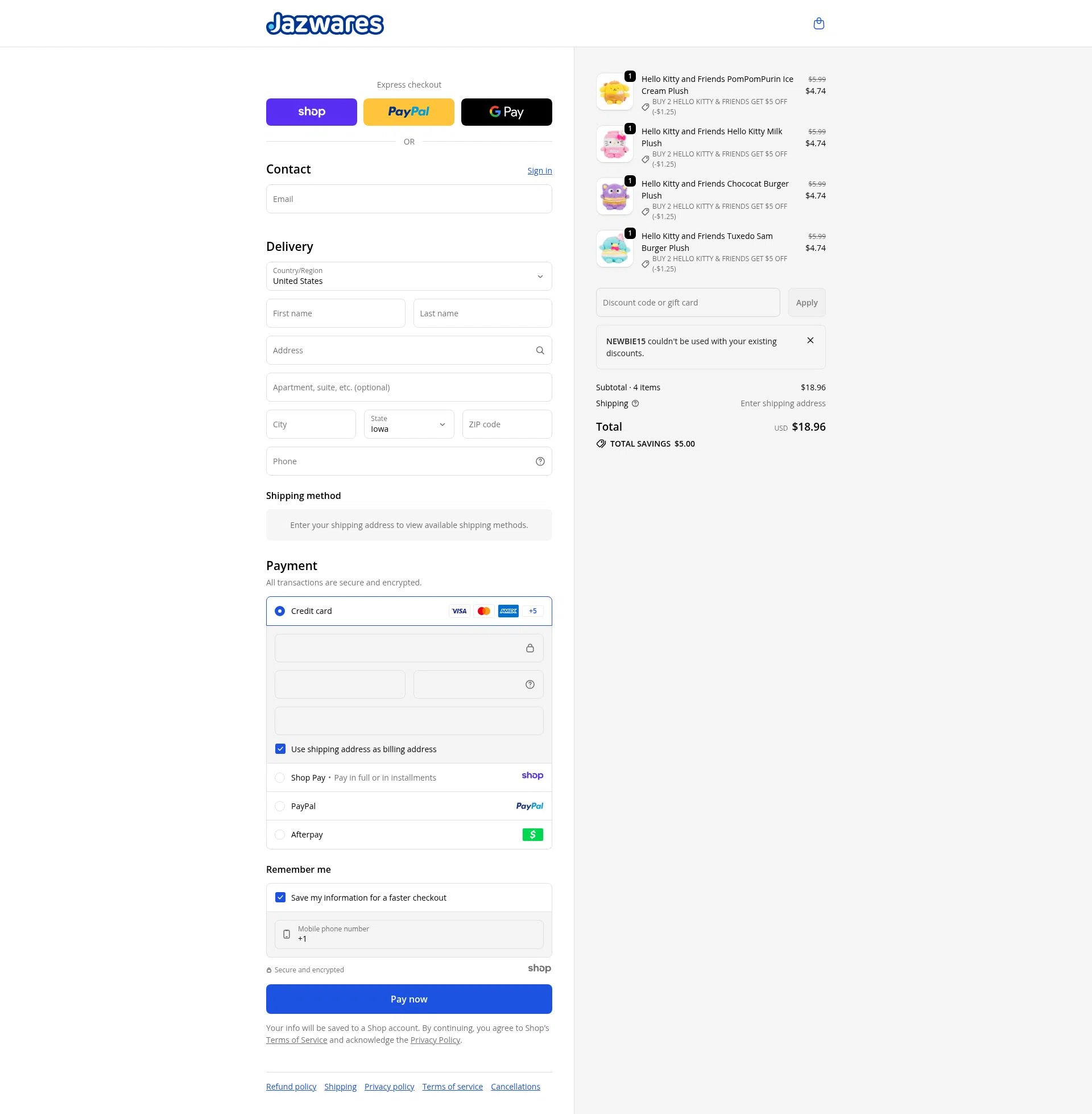 Jazwares checkout page showing Jazwares discount code box | Screenshot taken by SimplyCodes community member on Dec 26, 2025