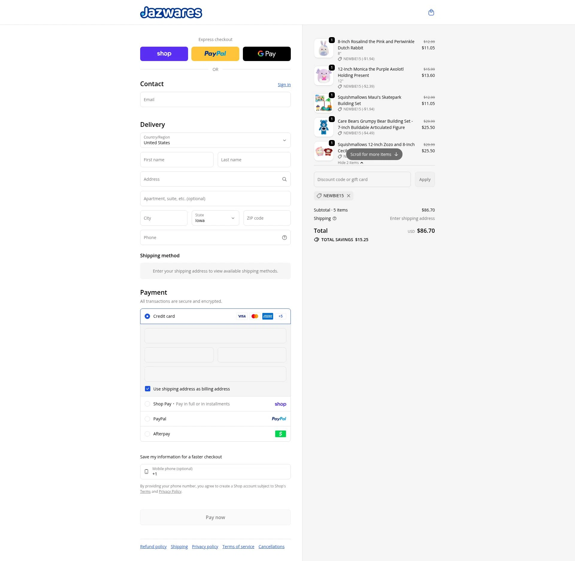 Jazwares checkout page showing Jazwares discount code box | Screenshot taken by SimplyCodes community member on Feb 7, 2026