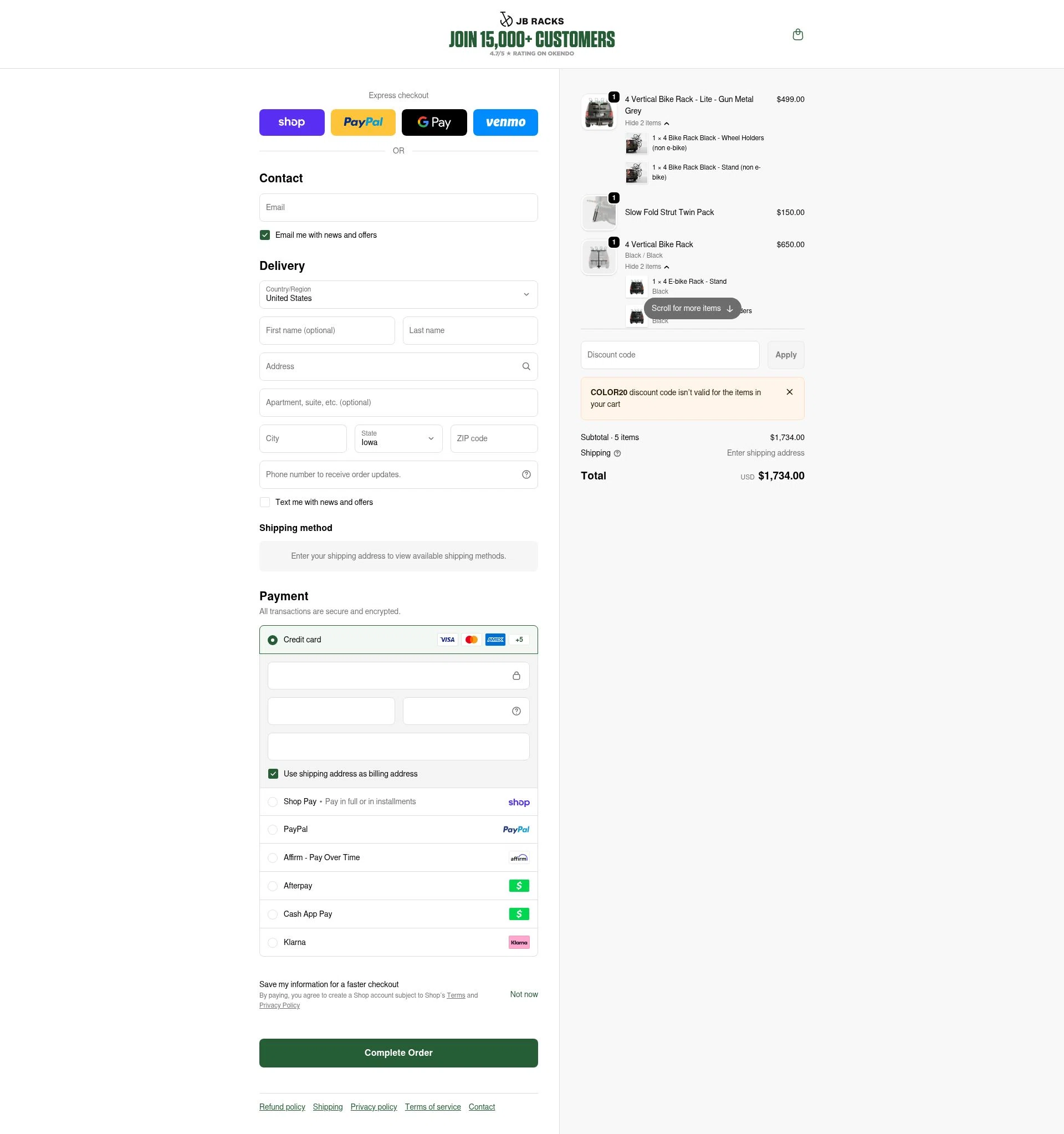 JB Racks US checkout page showing JB Racks US promo code box | Screenshot taken by SimplyCodes community member on Feb 16, 2026