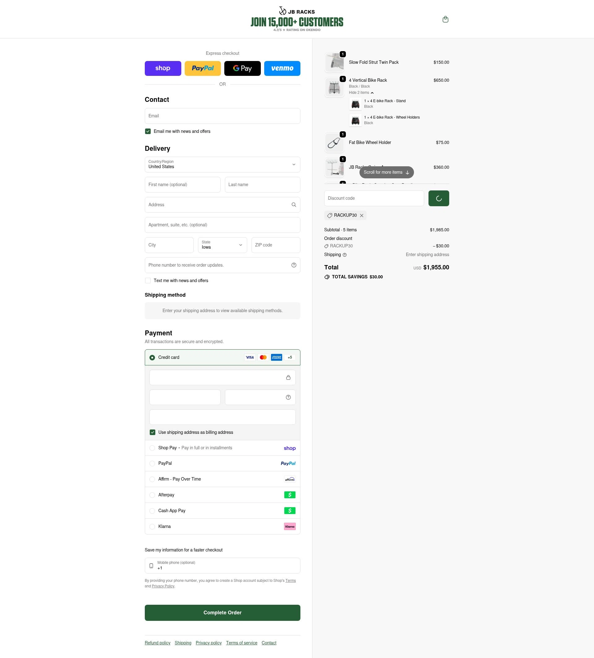 JB Racks US checkout page showing JB Racks US promo code box | Screenshot taken by SimplyCodes community member on Feb 7, 2026