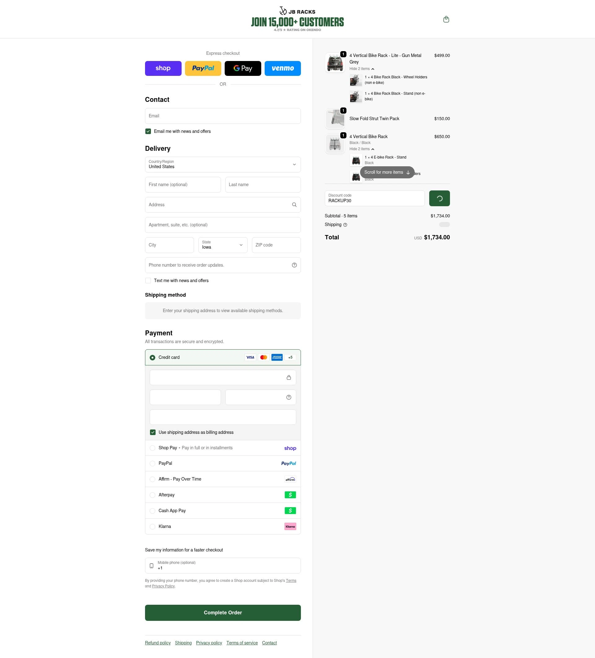 JB Racks US checkout page showing JB Racks US promo code box | Screenshot taken by SimplyCodes community member on Feb 20, 2026