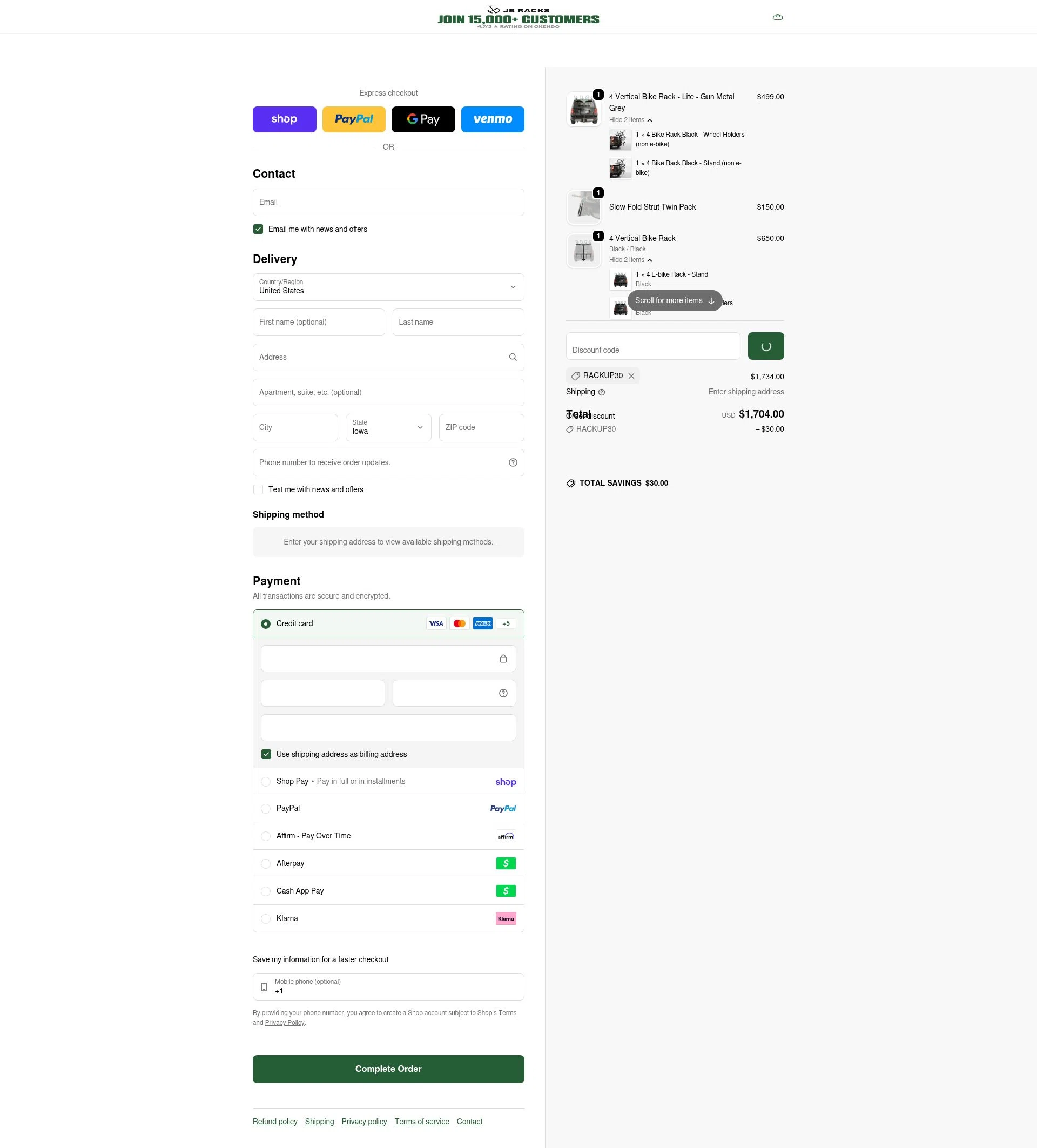 JB Racks US checkout page showing JB Racks US promo code box | Screenshot taken by SimplyCodes community member on Feb 11, 2026
