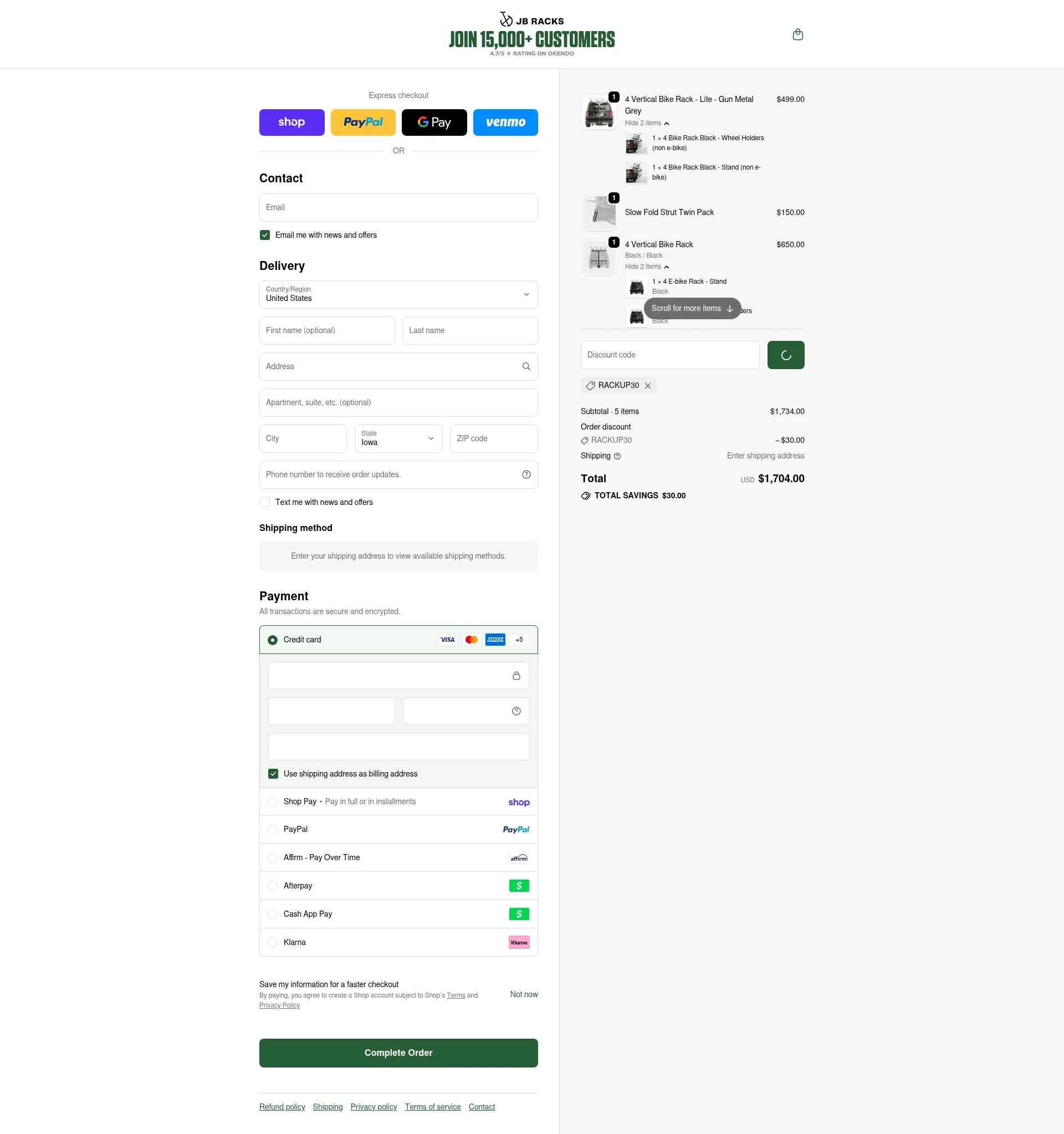 JB Racks US checkout page showing JB Racks US promo code box | Screenshot taken by SimplyCodes community member on Feb 16, 2026
