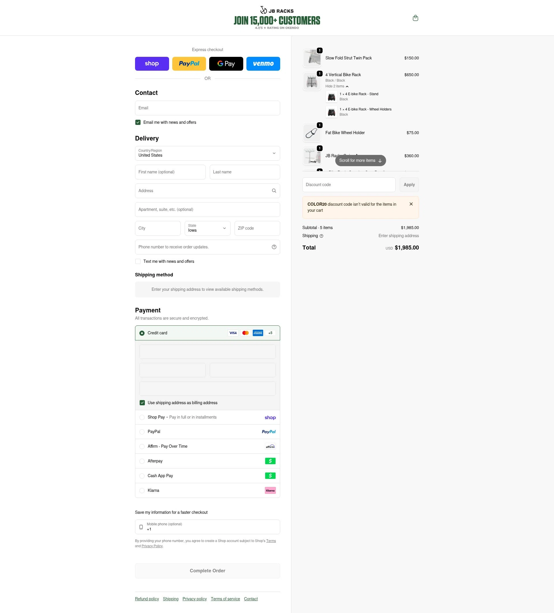 JB Racks US checkout page showing JB Racks US promo code box | Screenshot taken by SimplyCodes community member on Feb 7, 2026
