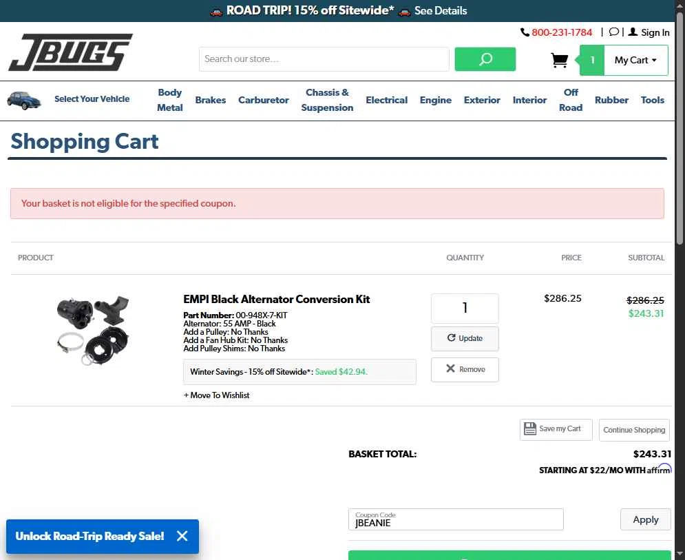 JBugs checkout page showing JBugs coupon code box | Screenshot taken by SimplyCodes community member on Feb 17, 2026