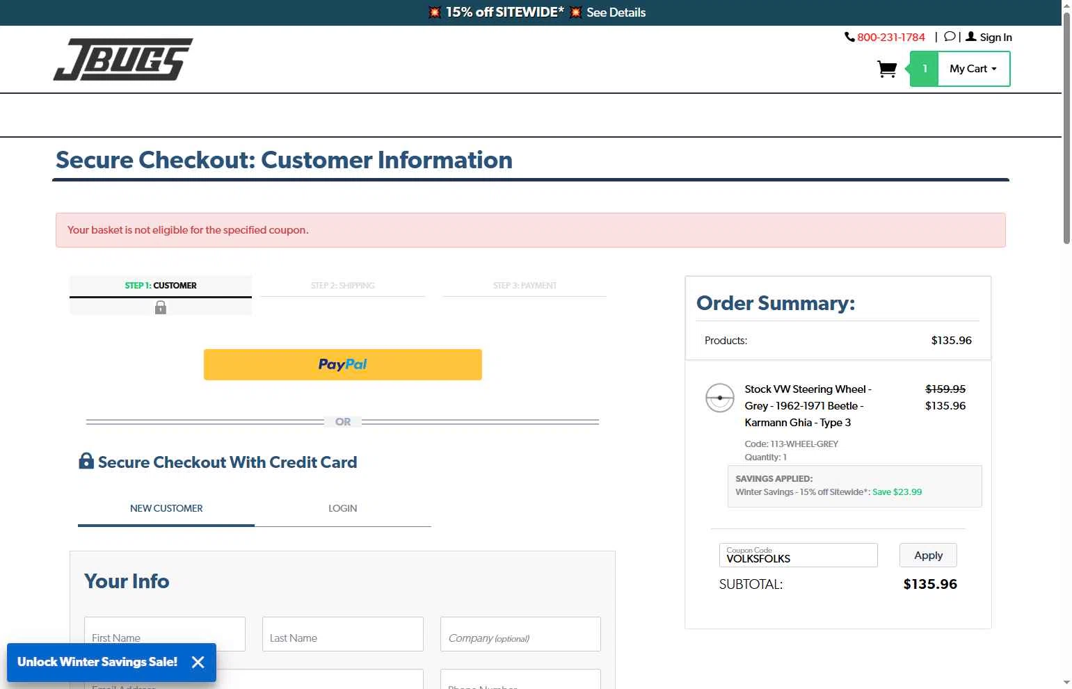 JBugs checkout page showing JBugs coupon code box | Screenshot taken by SimplyCodes community member on Jan 25, 2026
