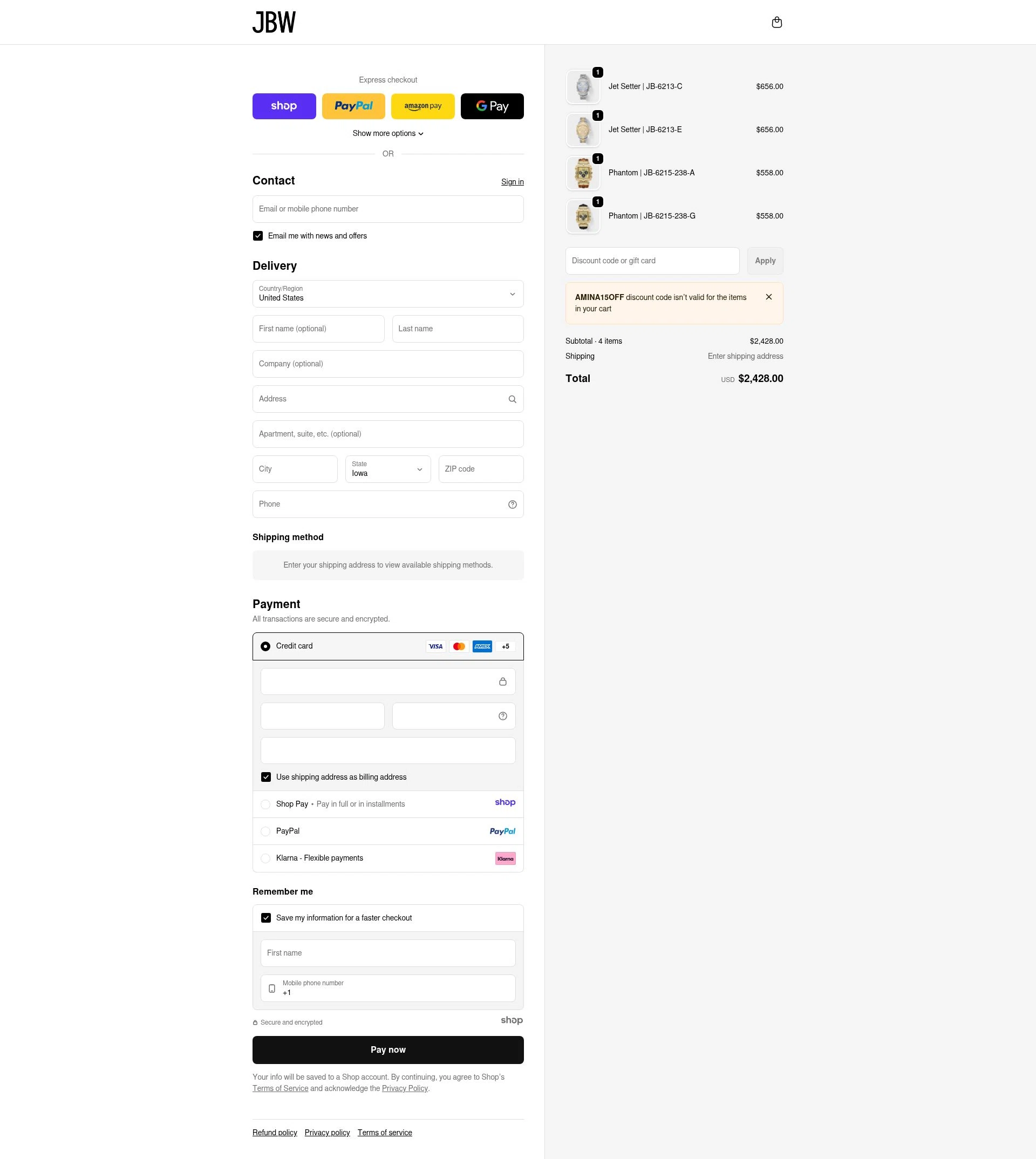 JBW Watches checkout page showing JBW Watches discount code box | Screenshot taken by SimplyCodes community member on Dec 28, 2025
