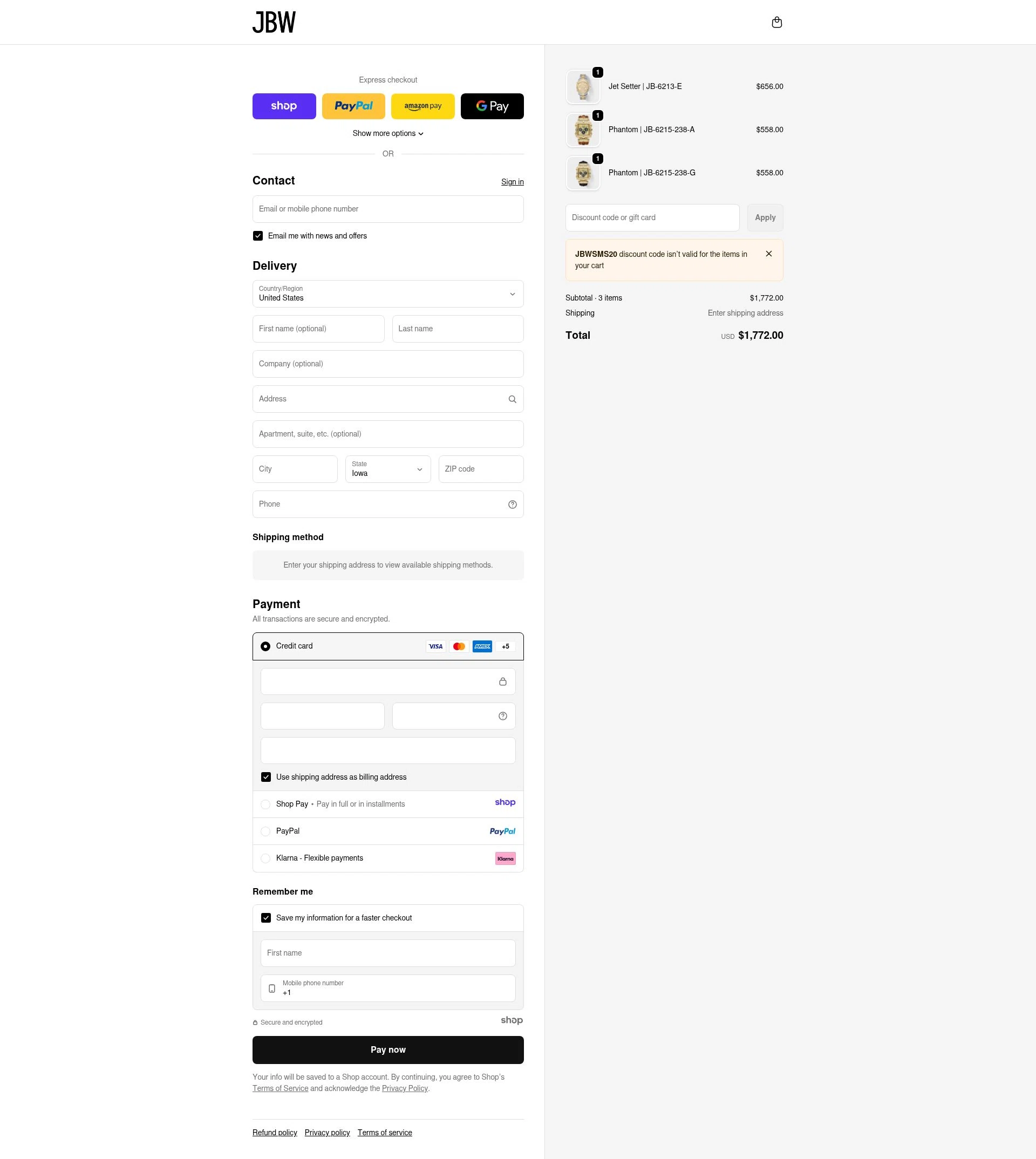 JBW Watches checkout page showing JBW Watches discount code box | Screenshot taken by SimplyCodes community member on Jan 3, 2026