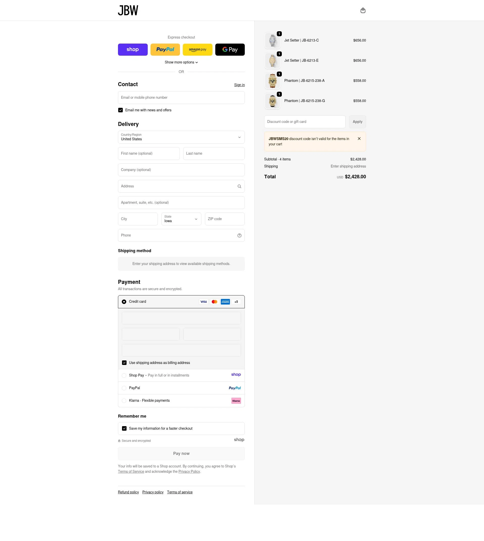 JBW Watches checkout page showing JBW Watches discount code box | Screenshot taken by SimplyCodes community member on Dec 28, 2025