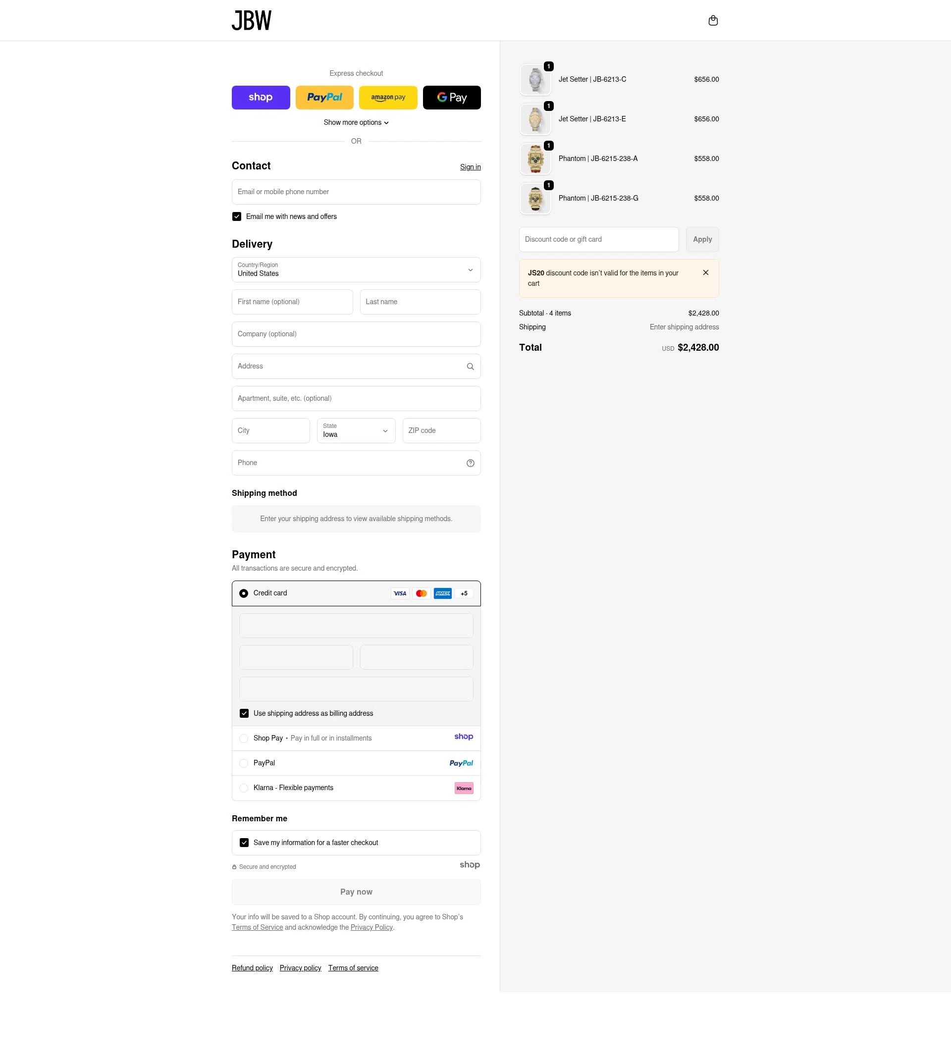 JBW Watches checkout page showing JBW Watches discount code box | Screenshot taken by SimplyCodes community member on Dec 28, 2025