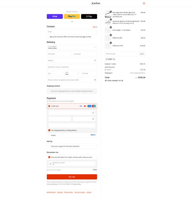 JCarPart checkout page showing JCarPart discount code box | Screenshot taken by SimplyCodes community member on Sep 12, 2025