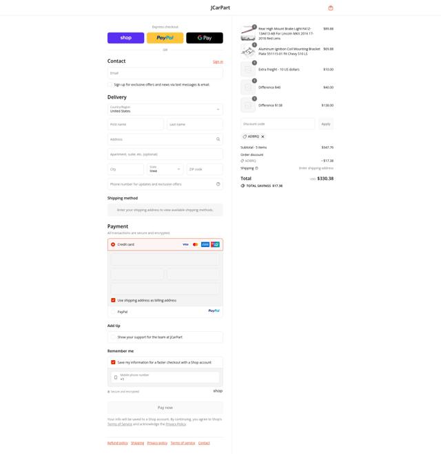 JCarPart checkout page showing JCarPart discount code box | Screenshot taken by SimplyCodes community member on Sep 12, 2025