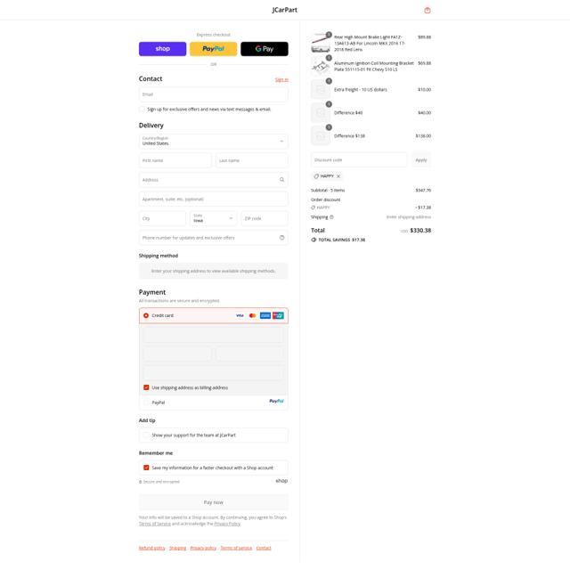 JCarPart checkout page showing JCarPart discount code box | Screenshot taken by SimplyCodes community member on Sep 12, 2025