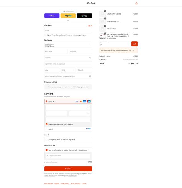 JCarPart checkout page showing JCarPart discount code box | Screenshot taken by SimplyCodes community member on Sep 17, 2025