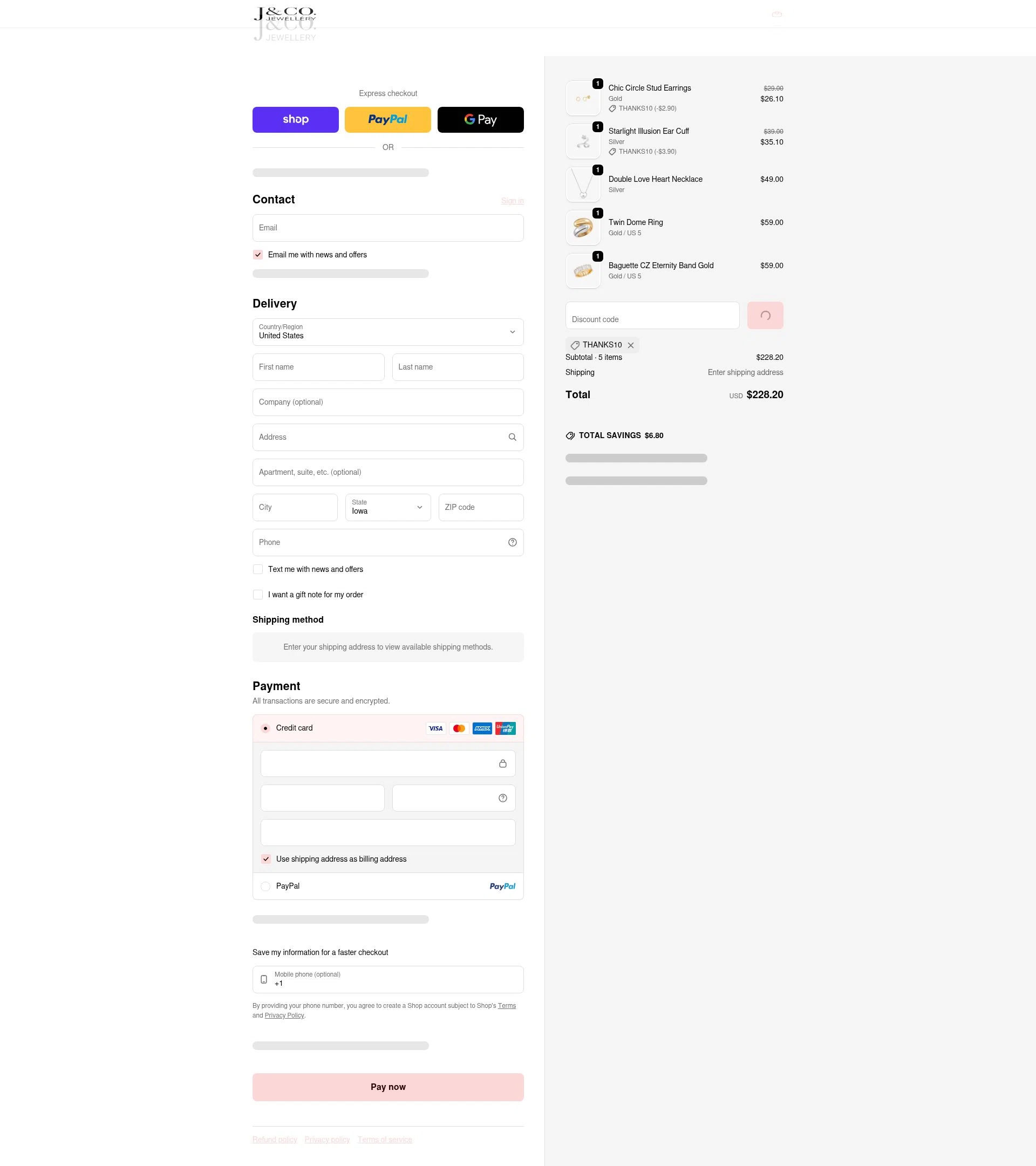 J&Co Jewellery checkout page showing J&Co Jewellery discount code box | Screenshot taken by SimplyCodes community member on Feb 8, 2026