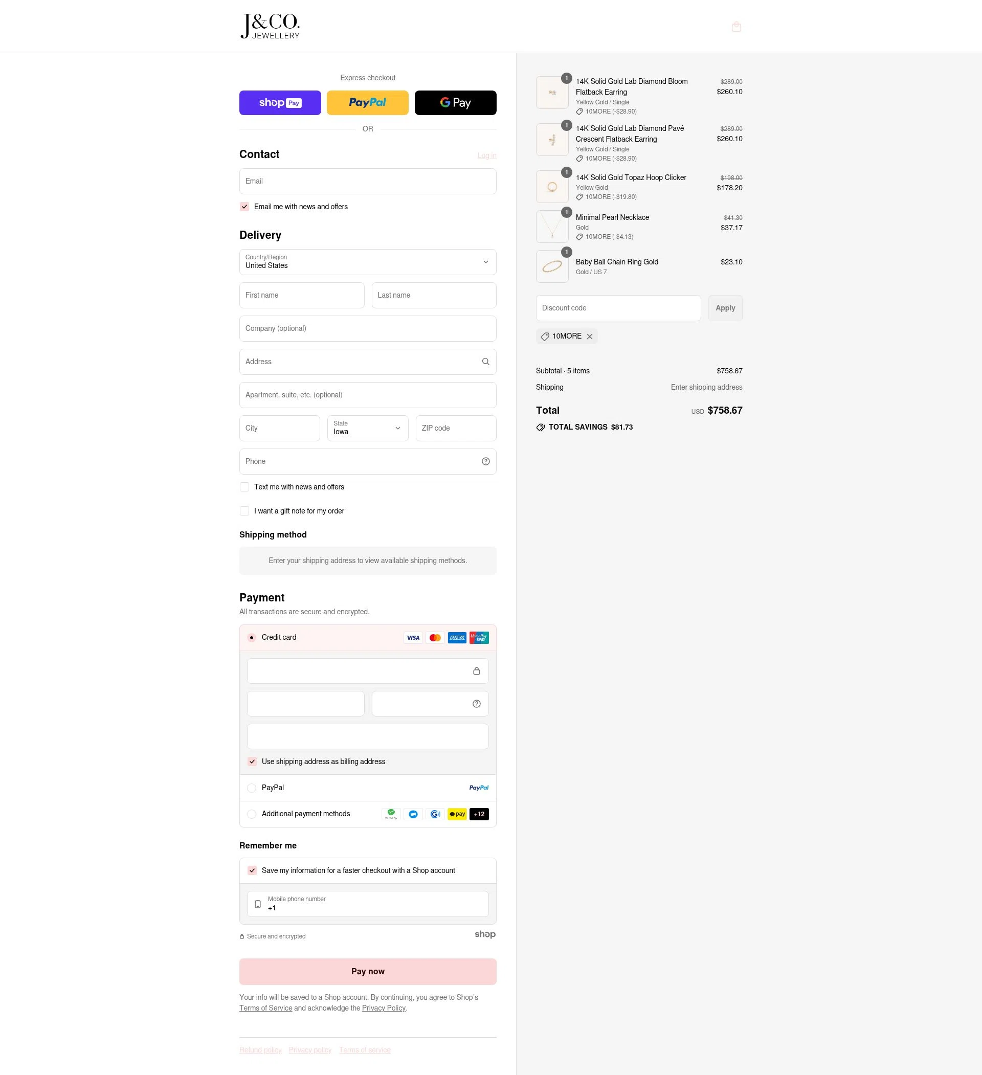 J&Co Jewellery checkout page showing J&Co Jewellery discount code box | Screenshot taken by SimplyCodes community member on Aug 17, 2025