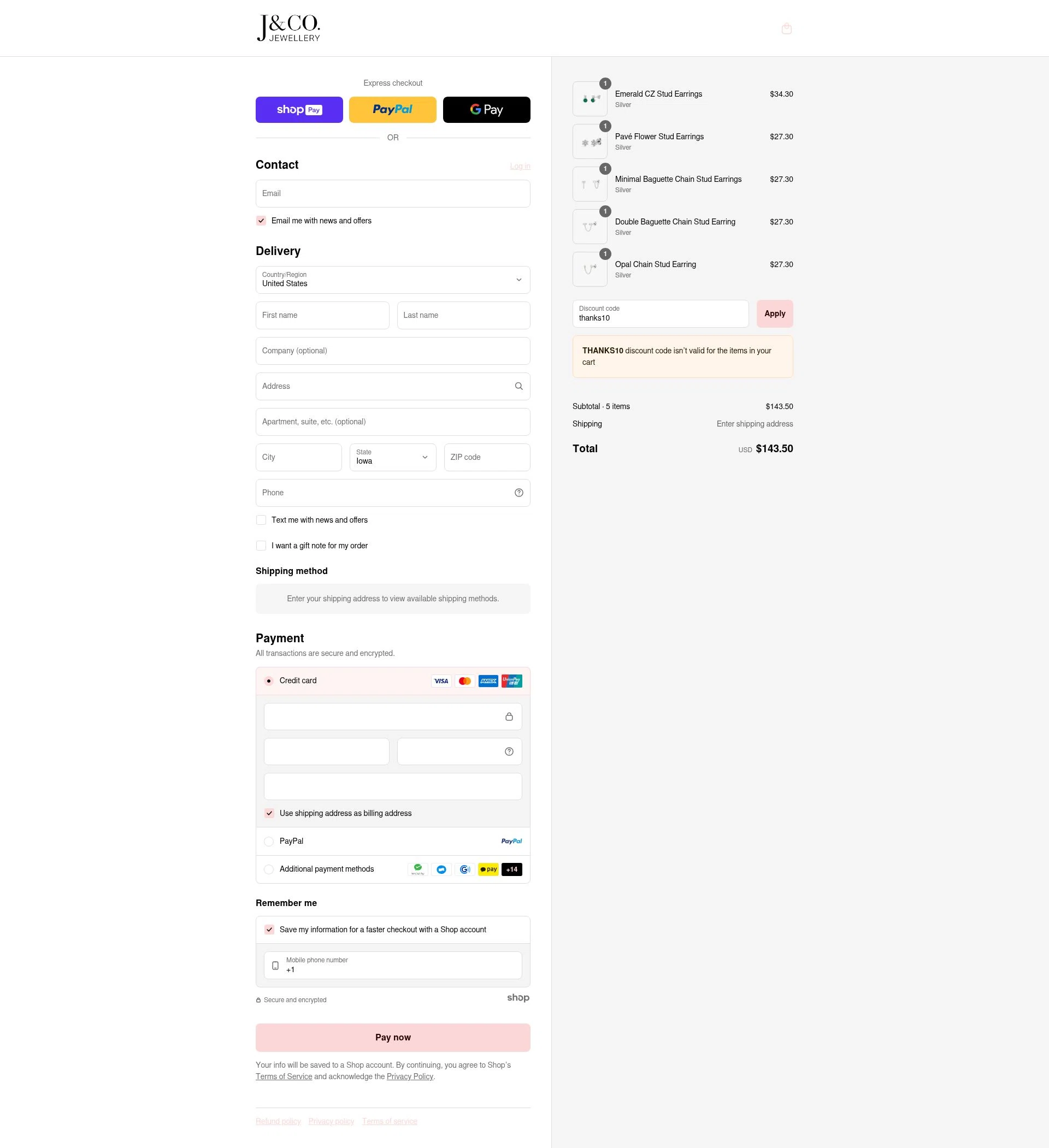 J&Co Jewellery checkout page showing J&Co Jewellery discount code box | Screenshot taken by SimplyCodes community member on Aug 26, 2025