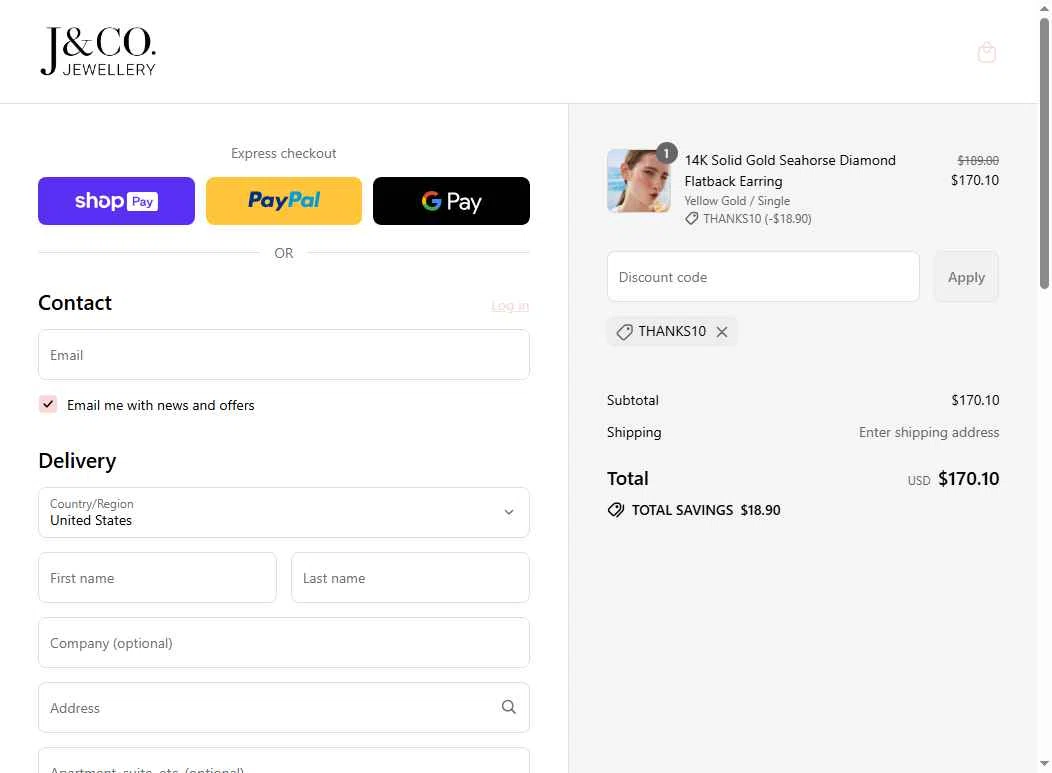 J&Co Jewellery checkout page showing J&Co Jewellery discount code box | Screenshot taken by SimplyCodes community member on Aug 23, 2025