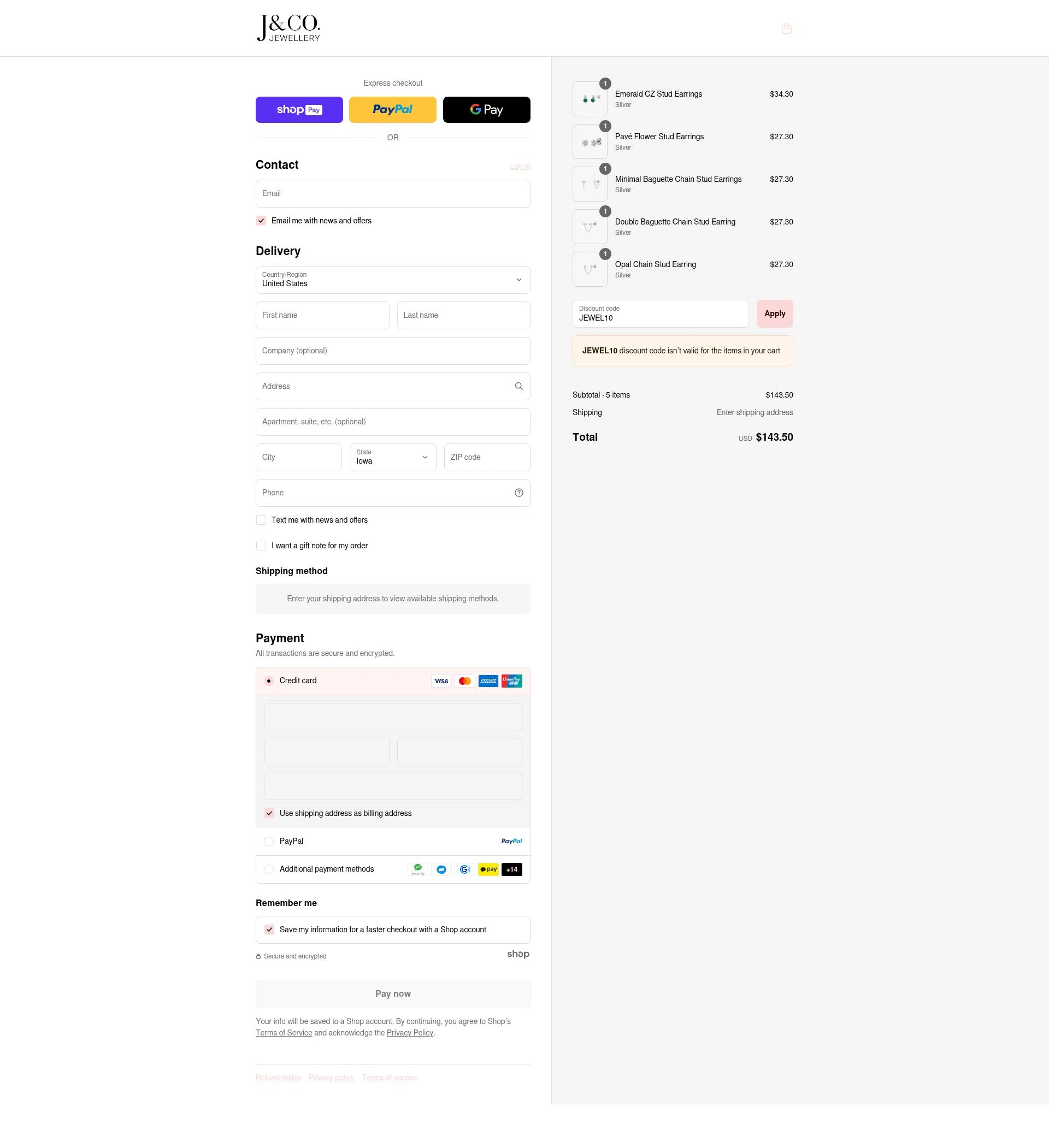 J&Co Jewellery checkout page showing J&Co Jewellery discount code box | Screenshot taken by SimplyCodes community member on Aug 26, 2025