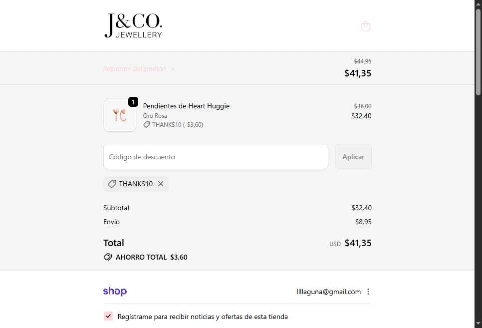 J&Co Jewellery checkout page showing J&Co Jewellery discount code box | Screenshot taken by SimplyCodes community member on Feb 11, 2026