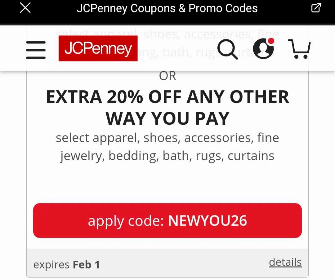 JCPenney promo code screenshot showing code NEWYOU26 applied at JCPenney checkout page. Uploaded by SimplyCodes community member CashHawk1007 on Jan 29, 2026