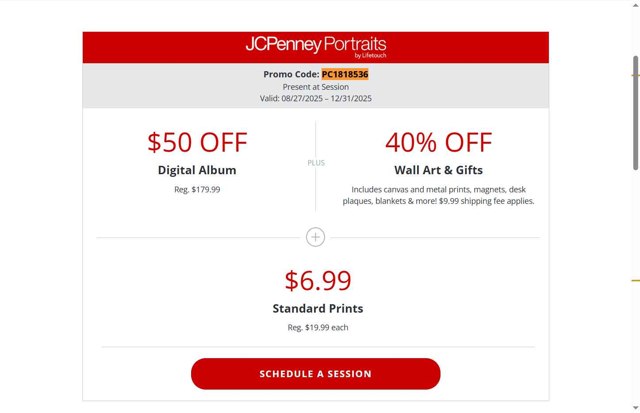 JCPenney Portraits checkout page showing JCPenney Portraits promo code box | Screenshot taken by SimplyCodes community member on Sep 2, 2025