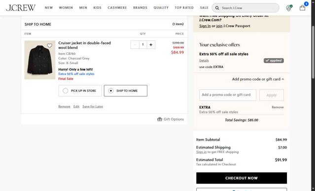 J. Crew checkout page showing J. Crew promo code box | Screenshot taken by SimplyCodes community member on Aug 21, 2025