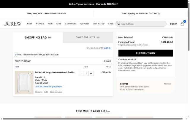 J. Crew checkout page showing J. Crew promo code box | Screenshot taken by SimplyCodes community member on Sep 3, 2025