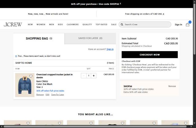 J. Crew checkout page showing J. Crew promo code box | Screenshot taken by SimplyCodes community member on Sep 3, 2025