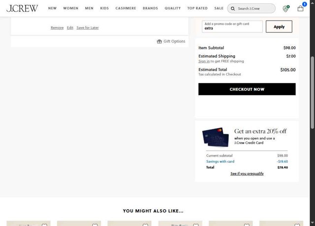 J. Crew checkout page showing J. Crew promo code box | Screenshot taken by SimplyCodes community member on Aug 26, 2025