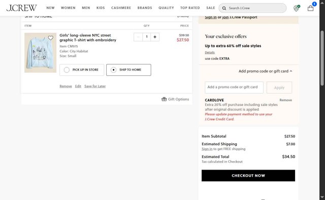 J. Crew checkout page showing J. Crew promo code box | Screenshot taken by SimplyCodes community member on Aug 16, 2025