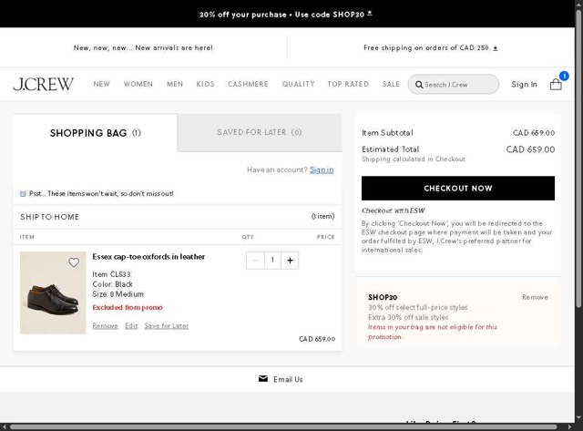 J. Crew checkout page showing J. Crew promo code box | Screenshot taken by SimplyCodes community member on Sep 3, 2025