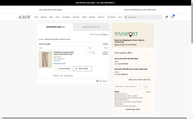 J. Crew checkout page showing J. Crew promo code box | Screenshot taken by SimplyCodes community member on Aug 10, 2025