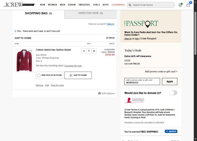 J. Crew checkout page showing J. Crew promo code box | Screenshot taken by SimplyCodes community member on Aug 26, 2025