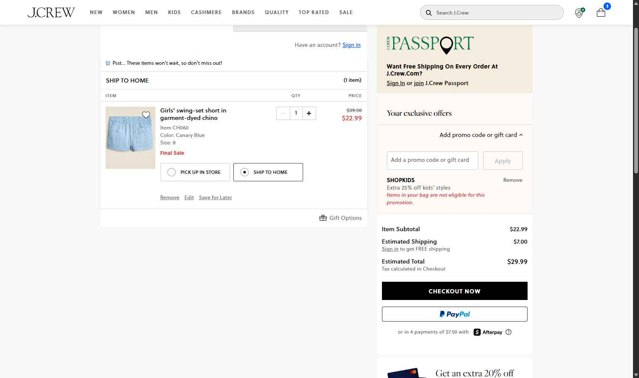 J. Crew checkout page showing J. Crew promo code box | Screenshot taken by SimplyCodes community member on Aug 13, 2025